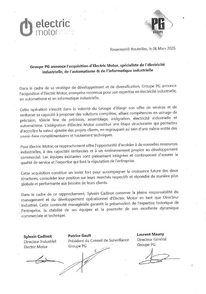 Les sociétés Usinage Dieppois, Gault Industrie et ADSI sont fières d’annoncer l’acquisition de la société ELECTRIC MOTOR.